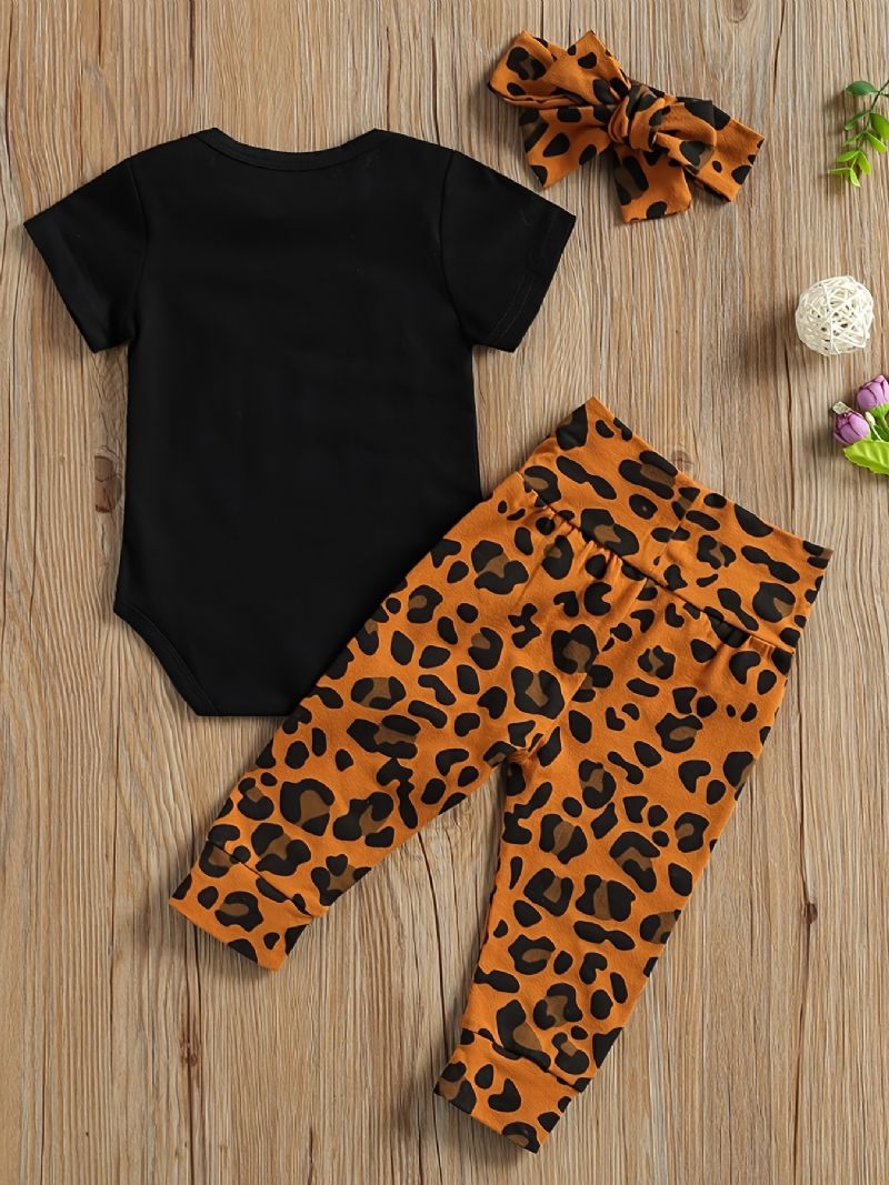 Nyfödd Flicka Kortärmad Romper + Leopard Print Byx Set Bebiskläder Outfits Bodysuit