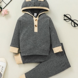 Nyfödd Solid Randig Bomull Hood Sweater & Byx Set