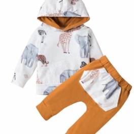 Pojkar Animal Print Hoodie + Byxa Set Bebiskläder Outfits