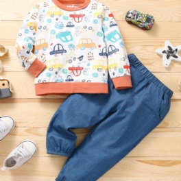 Pojkar Cartoon Car Print Långärmad Sweatshirt & Solid Denim Byxa Set 2st