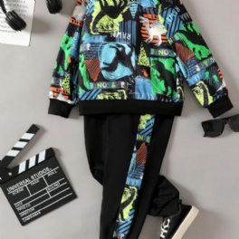 Pojkar Dinosaur Print Långärmad Sweatshirt & Kontrast Sweatpants Set
