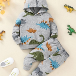 Pojkar Dinosaur Print Pullover Hoodie + Byxor Set Outfit Bebiskläder