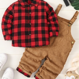 Pojkar Flanell Rutig Skjorta + Matchande Solid Overall Set Barnkläder För Vintern