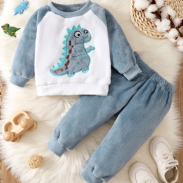 Pojkar Fleece Dinosaurie Broderad Långärmad Topp + Enfärgade Byxor Set Barnkläder För Vintern