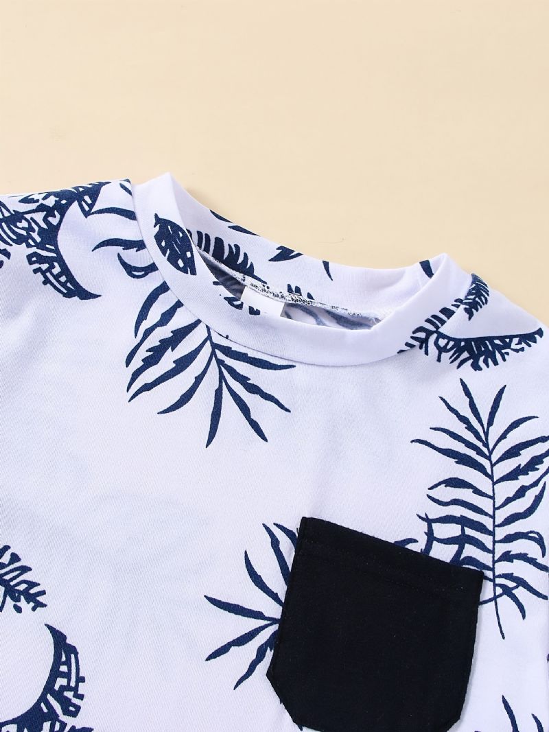 Pojkar Leaf Print Kortärmad Topp + Enfärgad Pocket Shorts Set Barnkläder