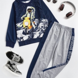Pojkar Pyjamas Familjekläder Rymd Astronauttryck Rundhalsad Långärmad Topp & Byxuppsättning Barnkläder