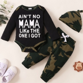 Pojkar Slogantryck Långärmad Romper Jumpsuit + Camo Byxor + Hatset Bebiskläder