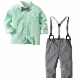 Pojkklänningsset Casual Långärmad Klänningskjorta Med Fluga + Randiga Hängselbyxor