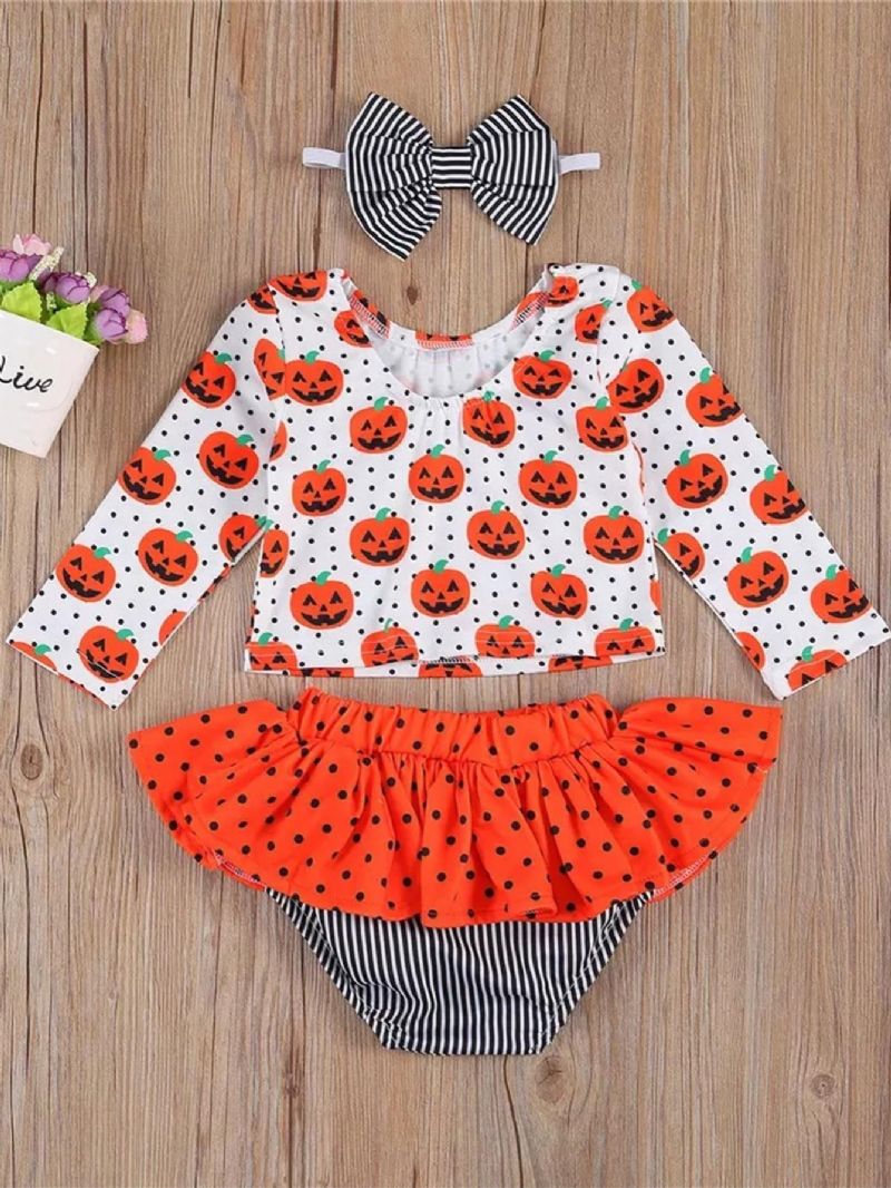 Småbarn Bebis Flicka Halloween Kläder Pumpa Romper Topp Döskalle Volang T-shirt Spökrandig Tutu Kjol Outfit Set