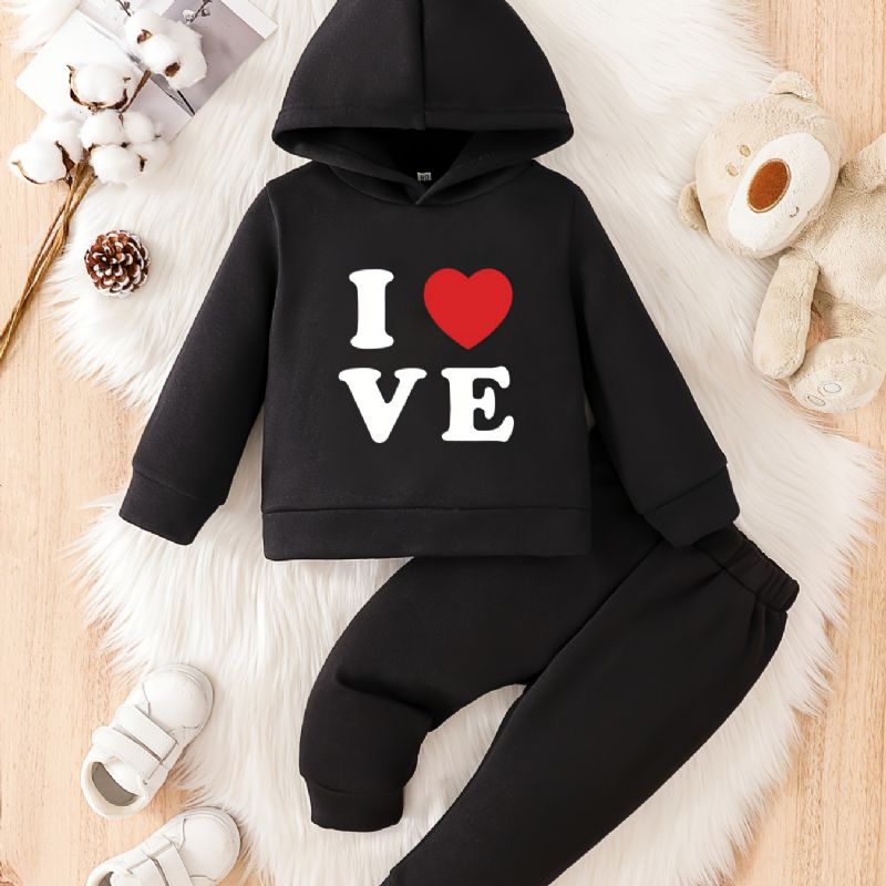 Småbarn Bebis Hjärtatryck Fleece Varm Hoodie Sweatshirt Byxor Set För Pojkar Flickor Höst Vinter