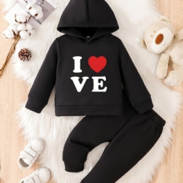 Småbarn Bebis Hjärtatryck Fleece Varm Hoodie Sweatshirt Byxor Set För Pojkar Flickor Höst Vinter