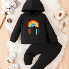 Småbarn Bebis Regnbågstryck Fleece Varm Luvtröja Sweatshirt Byxor Set För Pojkar Flickor Höst Vinter