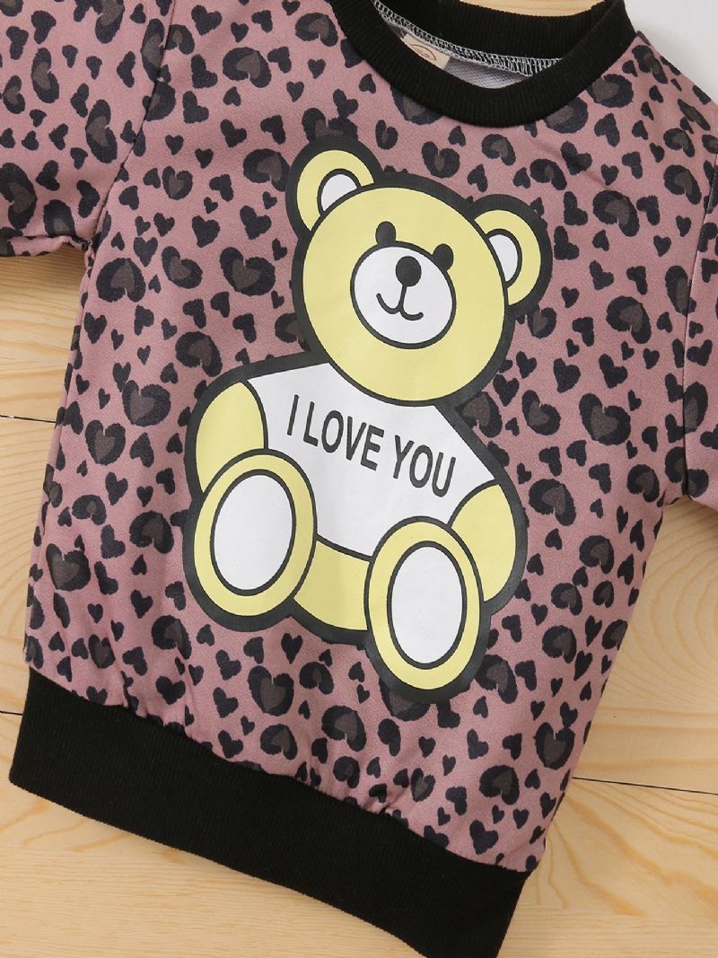Småbarn Flickor Bear Leopard Print Långärmad Tröja Dragsko Träningsbyxor Set