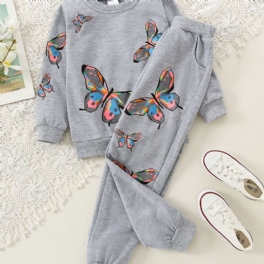 Småbarn Flickor Fjärilsmönster Sweatshirt + Matchande Träningsbyxor Set Barnkläder