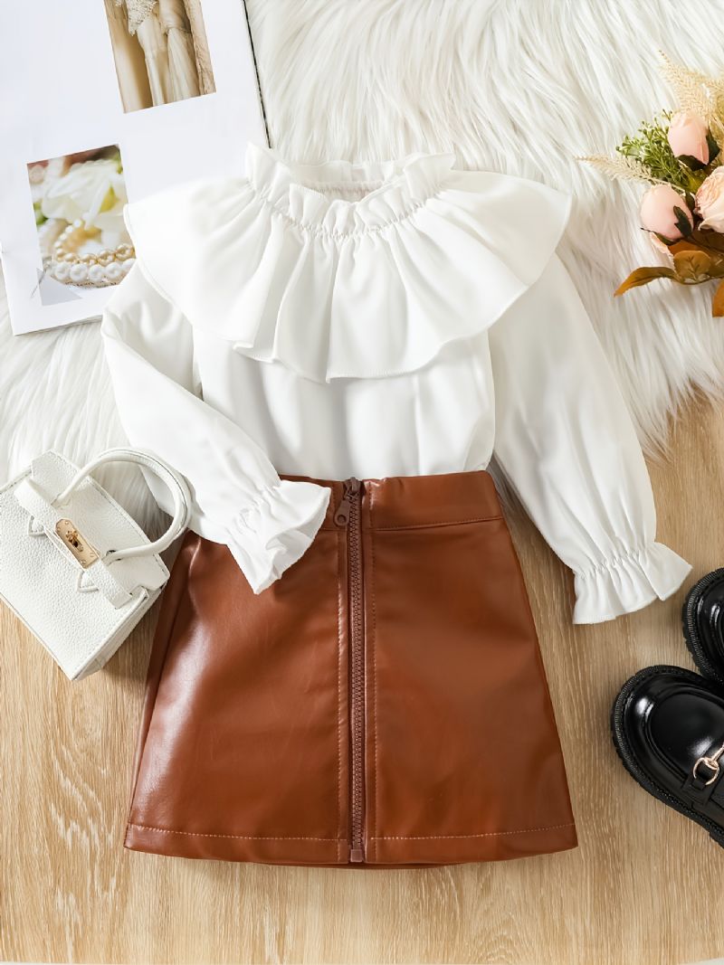 Småbarn Flickor Kjol Set Vinter Solid Volang Trim Topp & Pu Blixtlås Set