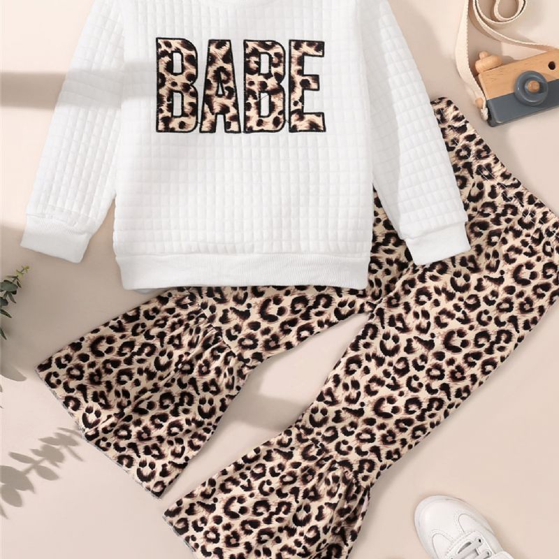 Småbarn Flickor Leopardtryck Rund Hals Bomull Långärmad Pläd Vit T-shirt Flare Byxor Set