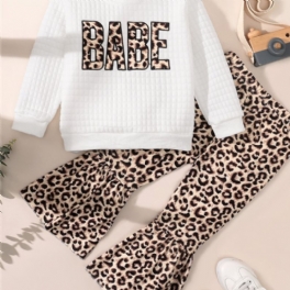 Småbarn Flickor Leopardtryck Rund Hals Bomull Långärmad Pläd Vit T-shirt Flare Byxor Set
