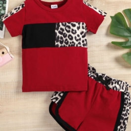Småbarn Flickor Patchwork Röda Leopard Shorts Set