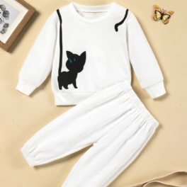Småbarn Flickor Vit Kattkrage Ärm Sweatshirt & Sweatpants Set