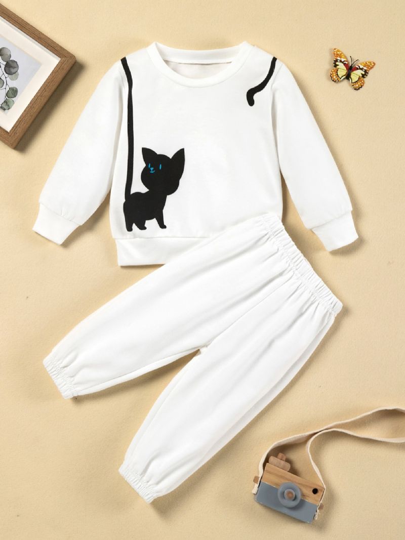 Småbarn Flickor Vit Kattkrage Ärm Sweatshirt & Sweatpants Set