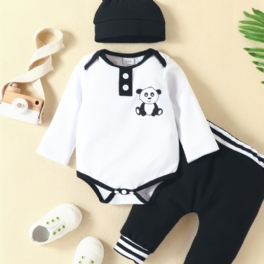 Småbarn Nyfödd Bebis Pojke Pandatryckt Långärmad Byxa +byxor +hatt 3st Set