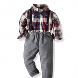 Småbarnspojke Gentleman Outfits Rutig Skjorta Med Fluga & Hängselbyxor Set Barnkläder