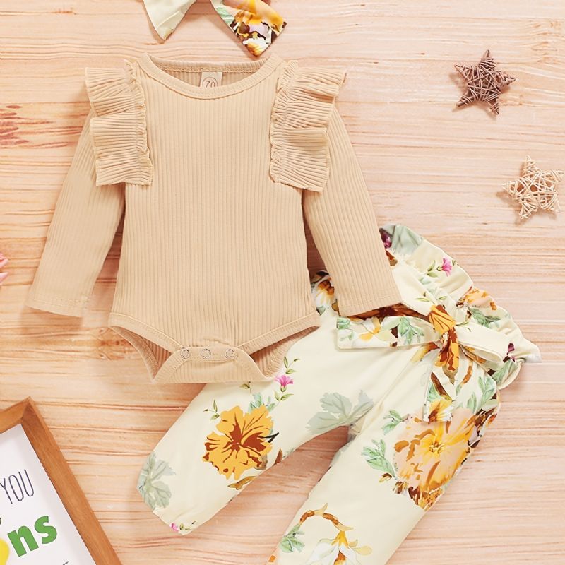 Spädbarn Bebis Flickor Blommönster Onesie Romper Pants Bow Pannband Set