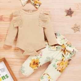 Spädbarn Bebis Flickor Blommönster Onesie Romper Pants Bow Pannband Set