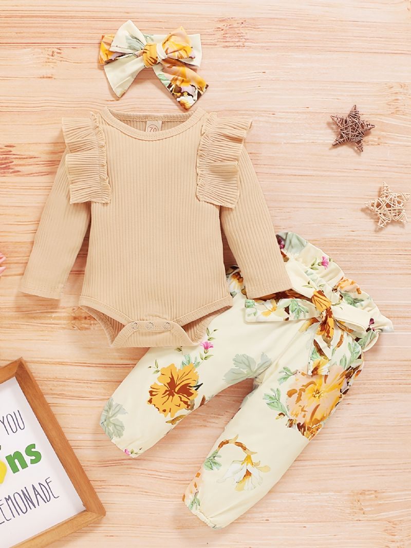 Spädbarn Bebis Flickor Blommönster Onesie Romper Pants Bow Pannband Set