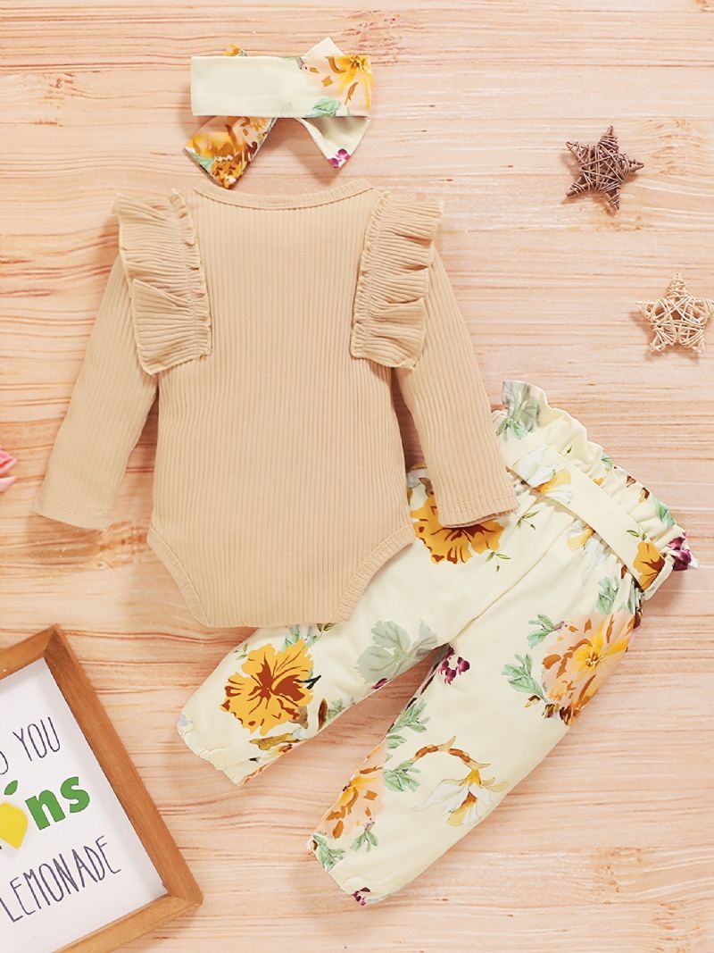 Spädbarn Bebis Flickor Blommönster Onesie Romper Pants Bow Pannband Set