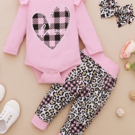 Spädbarn Bebis Flickor Hjärtan Bokstavstryck Romper Långärmad Bodysuit & Leopard Byxor & Pannband Set