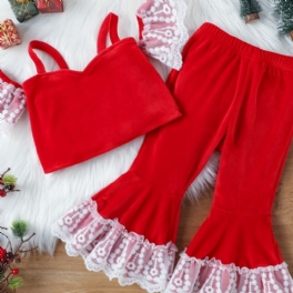 Spetshängslen För Flickor + Matchande Utsvängda Byxor Med Spetsdekor Barnkläder Till Jul Kinesiska Nyåret