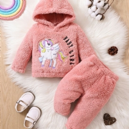 Tjejer Fleece Unicorn Broderad Pullover Hoodie + Byxa Set Bebiskläder För Vintern