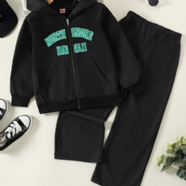 Tjejer Letter Print Hood Sports Jacka & Byxor Set