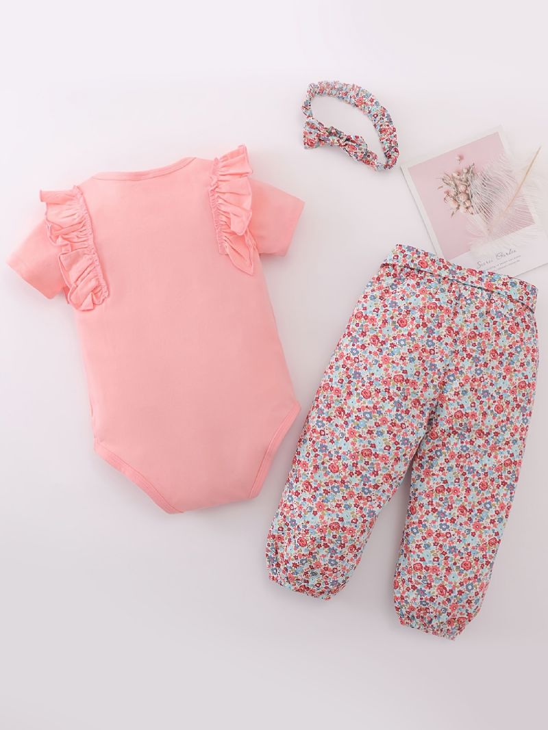 Tjejer Patchword Ruffle Sleeves Romper Jumpsuit + Byxa Set Bebiskläder