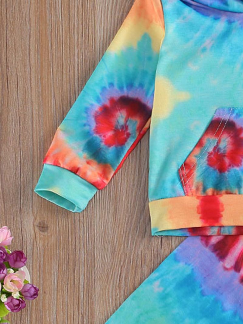 Tjejer Tie Dye Print Hooded Långärmad Huvtröja & Byxa Set Småbarnskläder Set