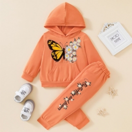 Tjejkostym Vinter Casual Butterfly Flower Print Luvtröja Huvtröja & Byxor Set Barnkläder