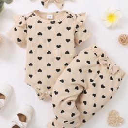 Toddler Bebis Flickor Heart Print Bodysuit + Byx Set + Pannband Onesie Bebiskläder