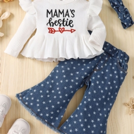 Toddler Bebis Flickor White Letter Print Top + Star Mönster Utsvängda Jeansbyxor