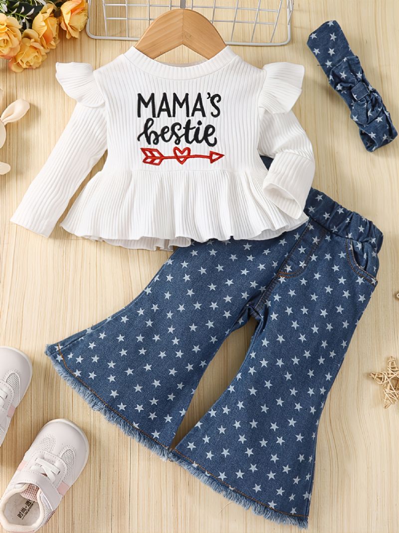 Toddler Bebis Flickor White Letter Print Top + Star Mönster Utsvängda Jeansbyxor