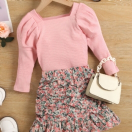 Toddler Flickor Square Neck Top & Ruched Ruffle Hem Kjol Set