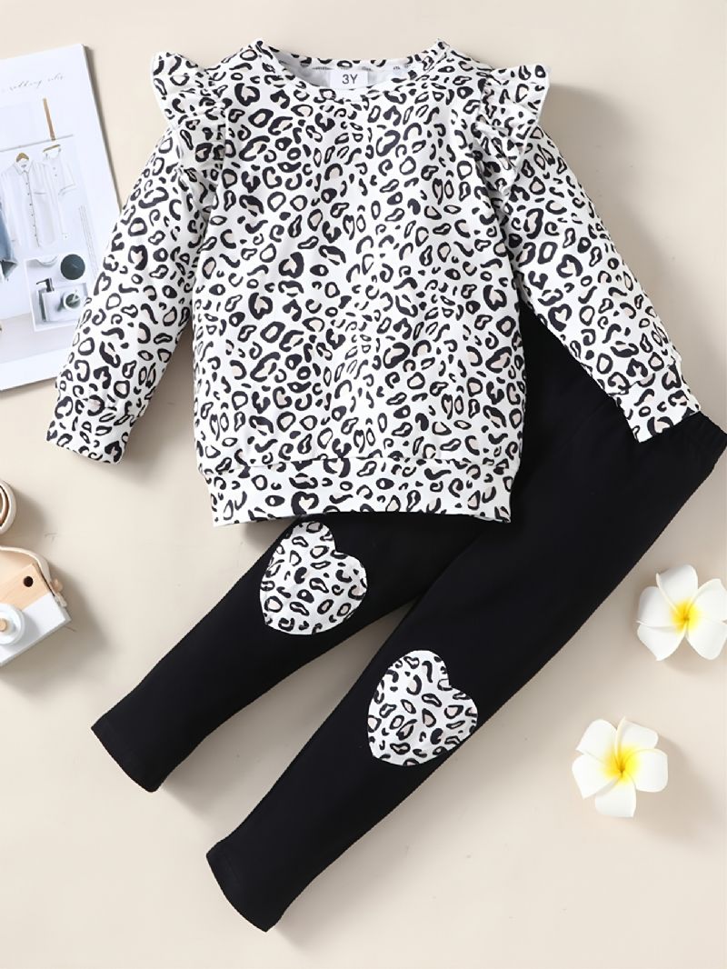 Tröja Med Leopardtryck För Flickor + Hjärtformad Byxa Med Kostym Bebis-barnkläder