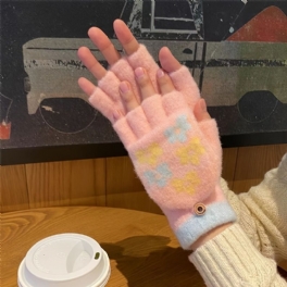Barn Blommor Flip Top Handskar Varma Vinter Stickade Fingerless Mitten For Flickor