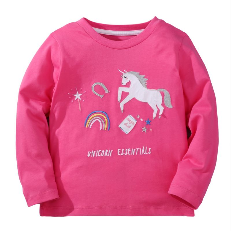 Bebis Flickor Långärmade T-shirts Rund Hals Söt Unicorn Print Toppar Barnkläder