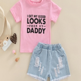 Bebis Flickor Letter Print T-shirt Top & Denim Shorts Set Sommar Outfit Barnkläder