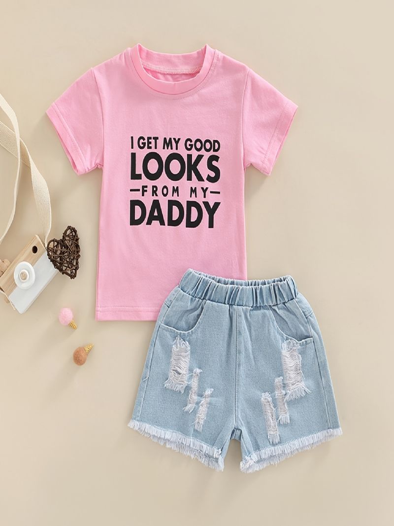 Bebis Flickor Letter Print T-shirt Top & Denim Shorts Set Sommar Outfit Barnkläder