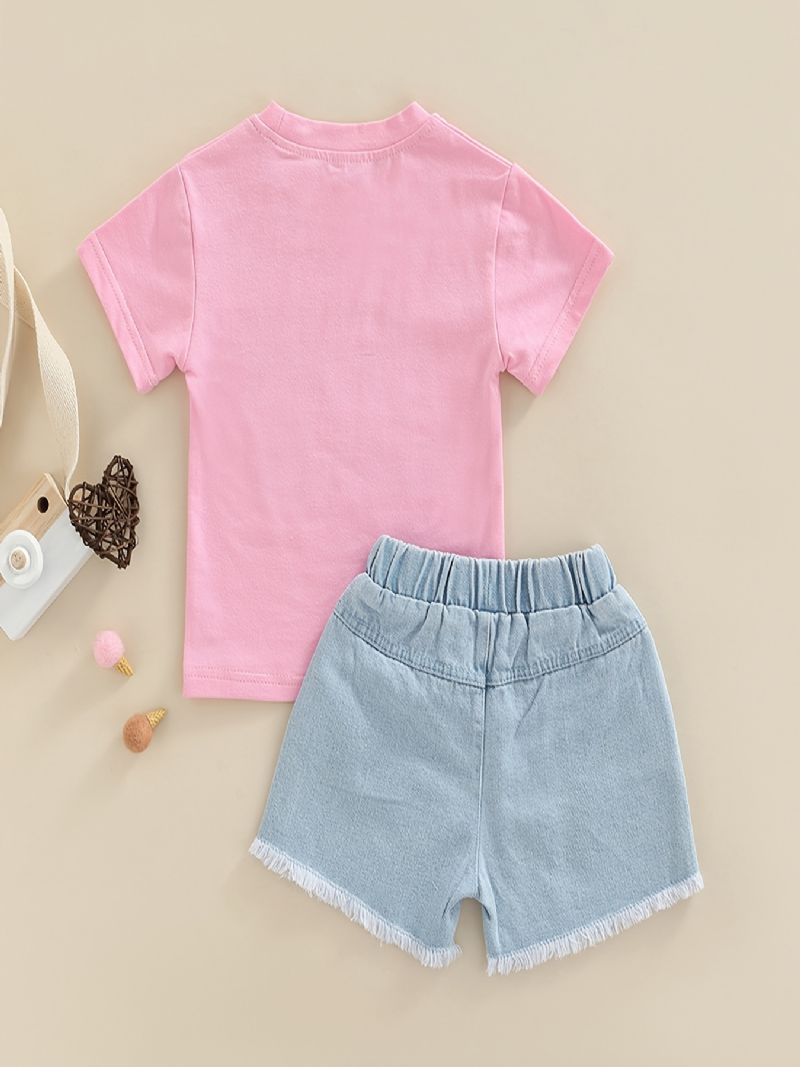 Bebis Flickor Letter Print T-shirt Top & Denim Shorts Set Sommar Outfit Barnkläder