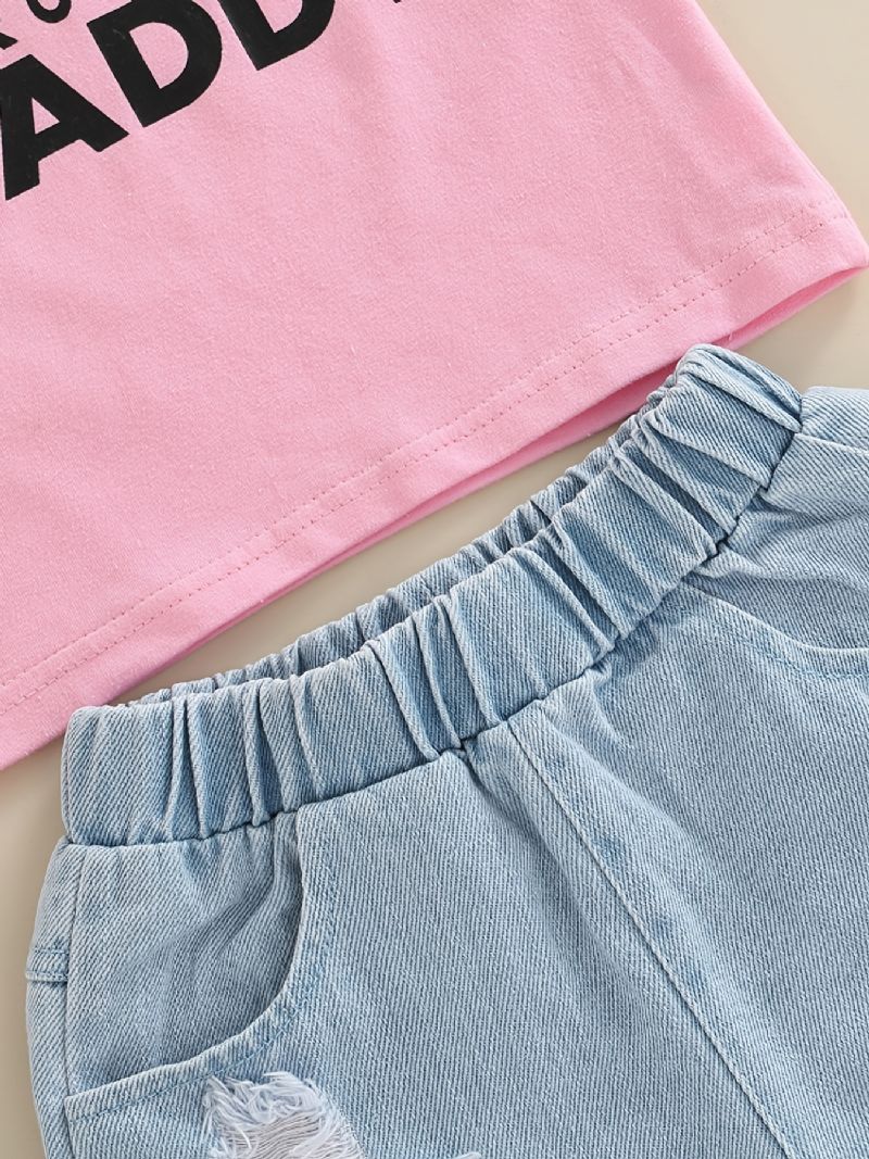 Bebis Flickor Letter Print T-shirt Top & Denim Shorts Set Sommar Outfit Barnkläder