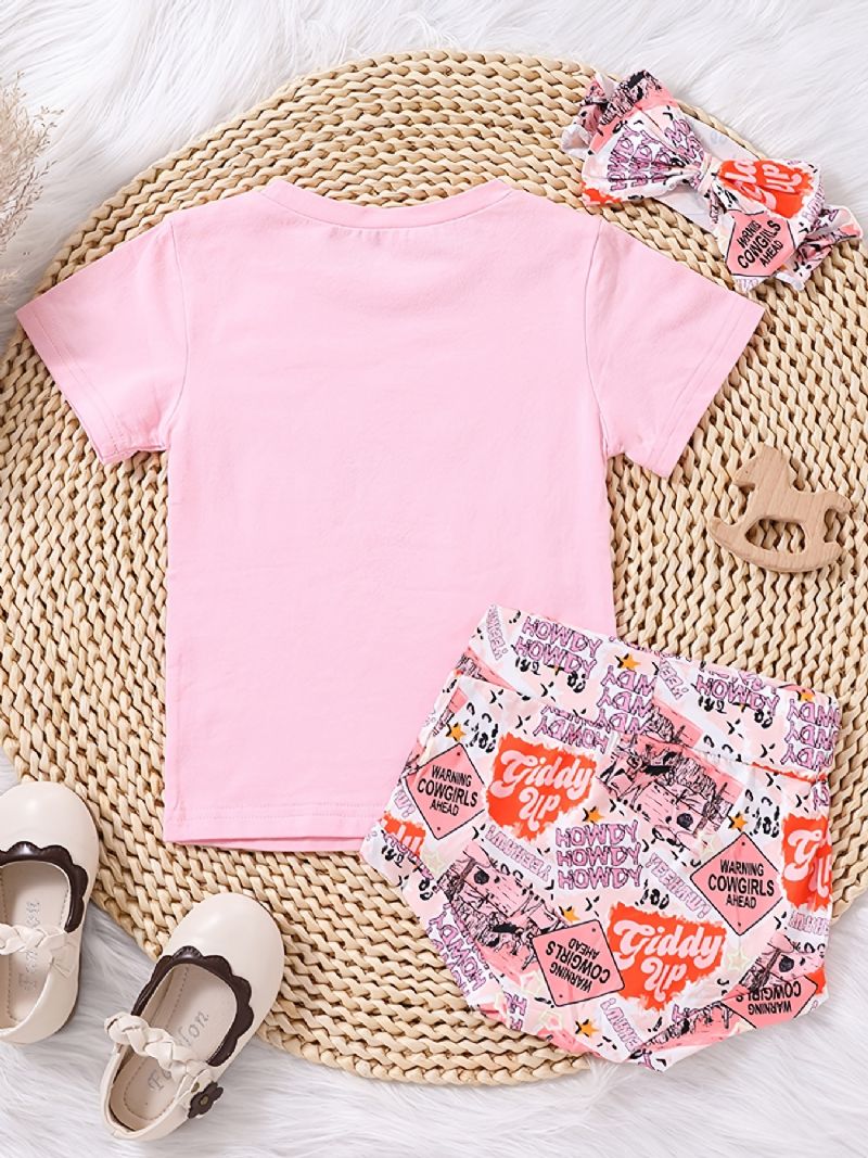 Bebis Flickor T-shirt Med Rund Hals Och Grafiskt Mönster Kort & Pannband Set Bebiskläder Outfit