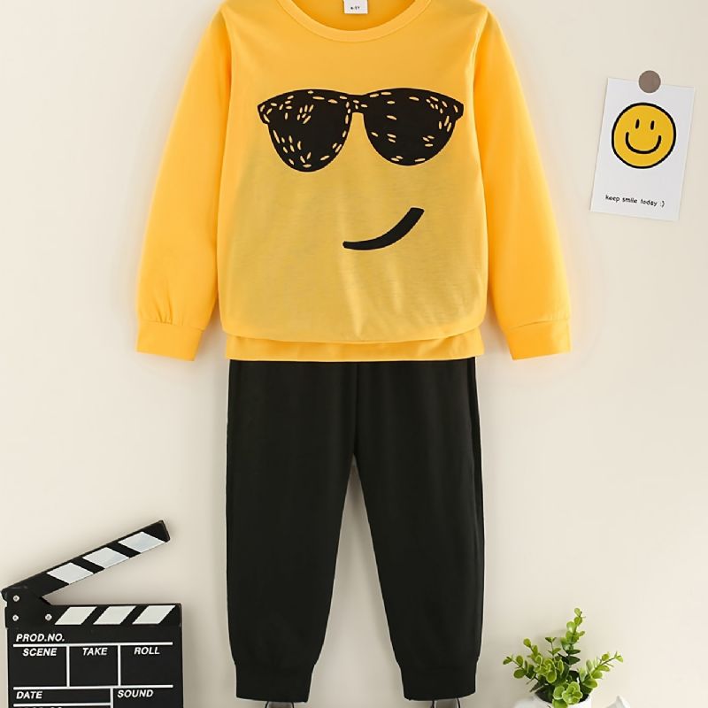 Bebis Pojkar Pullover Tecknat Tryck Långärmad T-shirt Och Byxor Med Rund Hals Barnkläder